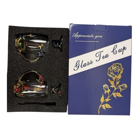 Two Butterfly Glass Tea Cups With Lid And Spoon Red & Blue Roses New In Box - Picture 3 of 11